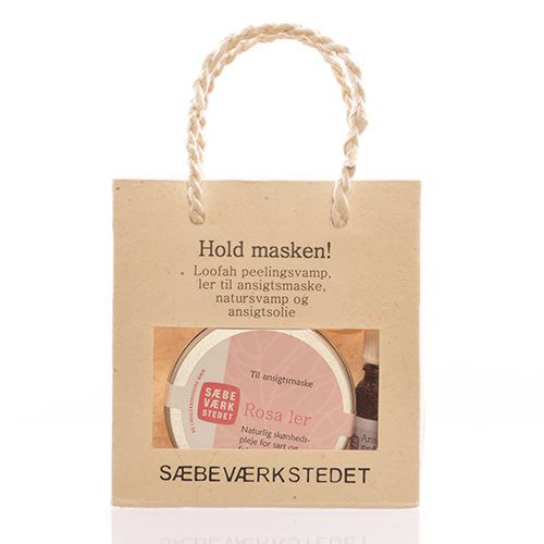 Hold masken gavepose indh.  rosa ler , ansigtsolie , natursvamp , peeling pad