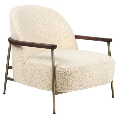 Gubi Sejour Lounge Chair with walnut armrest sheepskin base antique brass