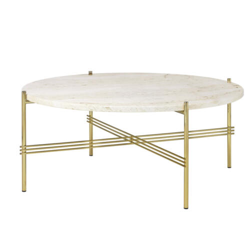 Gubi TS Sofabord Ø80 Brass base White Travertine