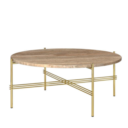 Gubi TS Sofabord Ø80 Brass base Warm Taupe Travertine
