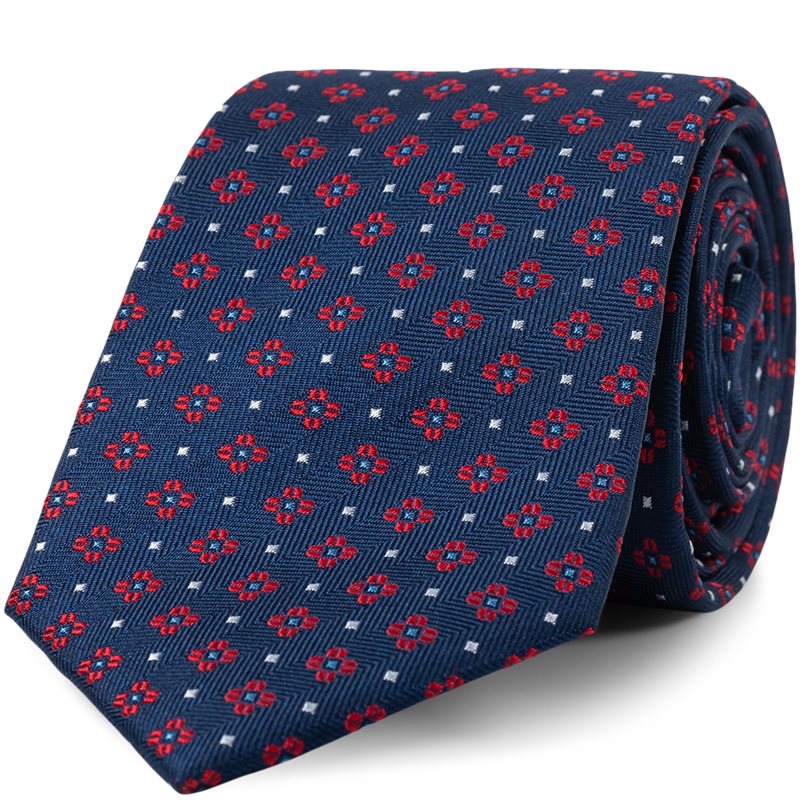 An Ivy - Navy Red White Flower Silk Tie