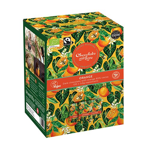 Orange Dispenser box, 120 x 5.5g chokolader. Ø  Mørk chokolade m. appelsin