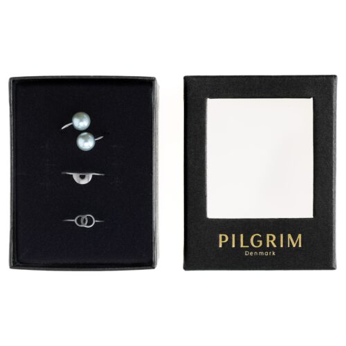 Pilgrim WILLA gavesæt, 3 ringe m. perler og symboler, hæmatit-farvet