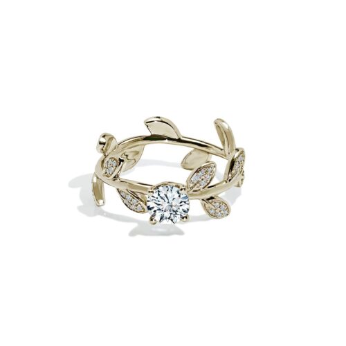 Leaf Engagement Ring with White Round-cut Sapphire and Diamonds in Gold