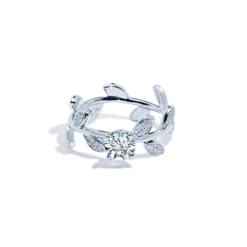 Leaf Engagement Ring with White Round-cut Sapphire and Diamonds in White Gold