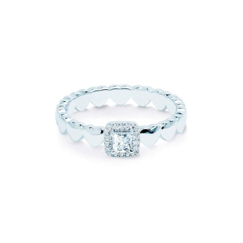 Heart Engagement Ring with Princess-cut Sapphire and Diamonds in White Gold