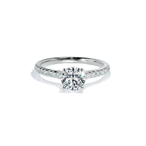 Solitaire Engagement Ring with White Round-cut Sapphire and Diamonds in White Gold