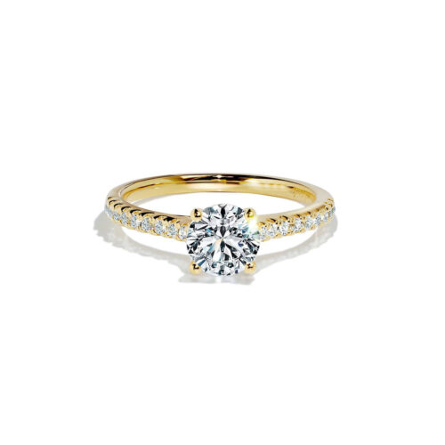 Solitaire Engagement Ring with White Round-cut Sapphire and Diamonds in Gold