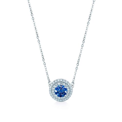 Oxford Silver Double Halo Sapphire Blue Necklace