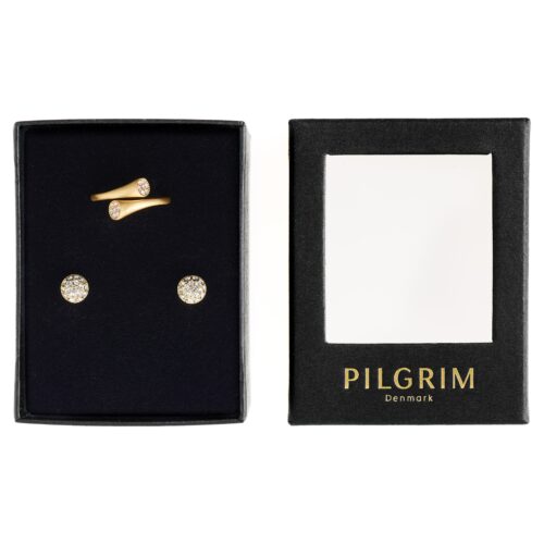 Pilgrim WHITNEY gavesæt, ring & øreringe m. krystaller, guldbelagt