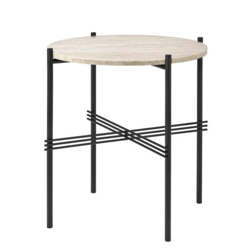GUBI TS Udendørs Sidebord Rundt Ø40 Hvid Travertin/Sort