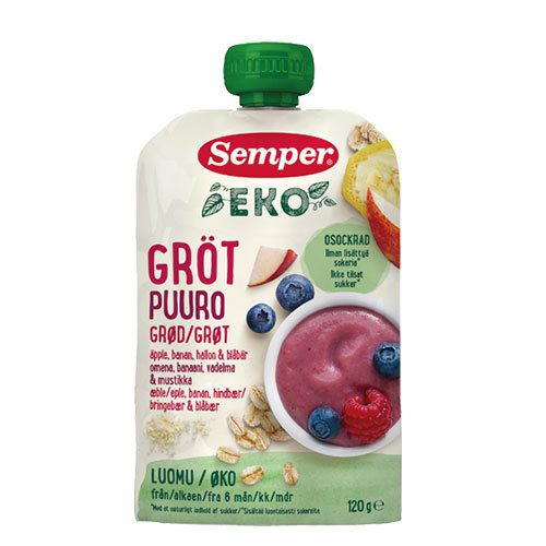 Grød æble/ban/hindbær/blåbær 6M Ø