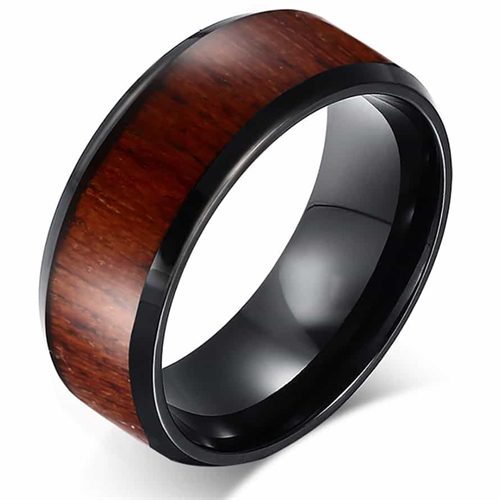 Sort Tungsten ring med træinlay